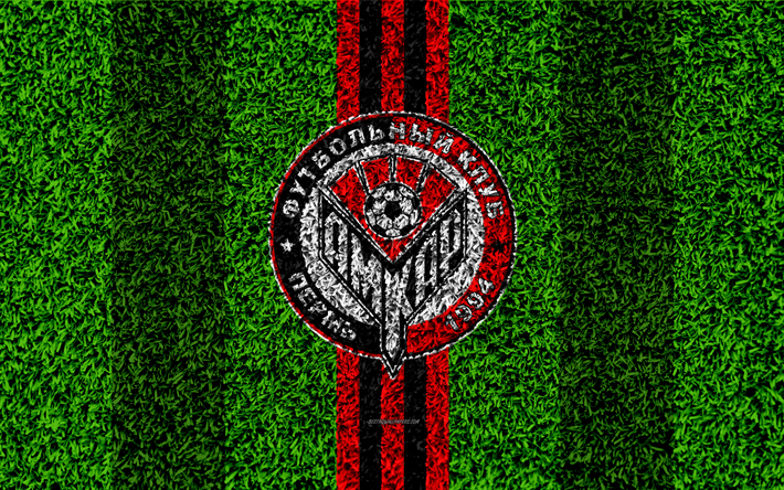 FC Amkar, 4k, logo, grass texture, Russian football club, red black lines, football lawn, Russian Premier League, Perm, Russia, football
