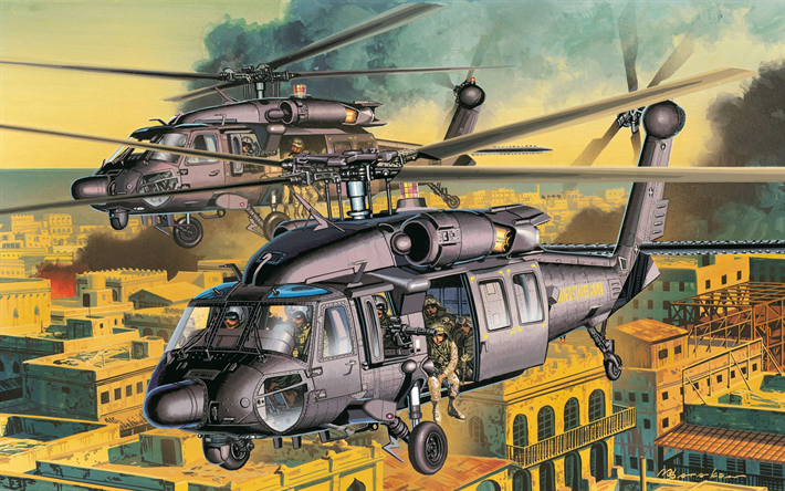 sikorsky uh-60 black hawk, artwork, kampfflugzeuge, uh-60 black hawk, angriff, hubschrauber, us armee, sikorsky
