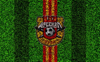 Arsenal Tula FC, 4k, logo, grass texture, Russian football club, red yellow lines, football lawn, Russian Premier League, Tula, Russia, football