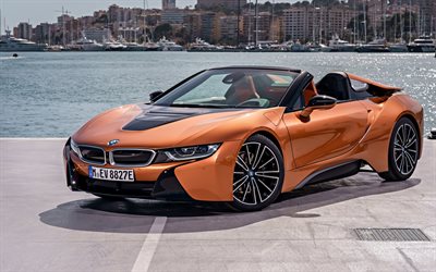 BMW i8 Roadster, 2018, front view, electric car, cabriolet, roadster, new bronze i8, German sports electric cars, BMW