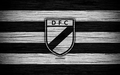 4k, Danubio FC, logo, Uruguayan Primera Division, emblem, wooden texture, Uruguay, CA Danubio, football, soccer, FC Danubio