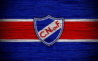 4k, Nacional FC, logo, Uruguaio Primeira Divis&#227;o, emblema, textura de madeira, Uruguai, O Club Nacional de Football, futebol, FC Nacional