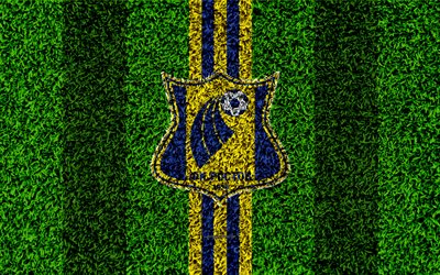 FC Rostov, 4k, logo, grama textura, Russo futebol clube, azul linhas amarelas, futebol gramado, Russian Premier League, Rostov-on-Don, R&#250;ssia, futebol