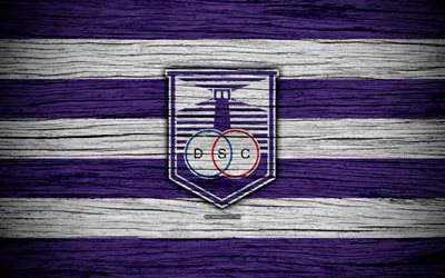 4k, Defensor Sporting FC, logo, Uruguayan Primera Division, emblem, wooden texture, Uruguay, CA Defensor Sporting, football, soccer, FC Defensor Sporting