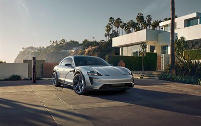 Porscheの使命は、クロスの観光, 2018, 概念, 外観, フロントビュー, スポーツ電クーペ, 電気自動車充電器の概念, 青色の車輪, ドイツ車, ポルシェ