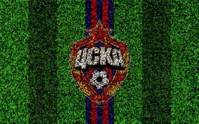 PFC CSKA Moscow, 4k, logo, grass texture, Russian football club, blue red lines, football lawn, Russian Premier League, Moscow, Russia, football