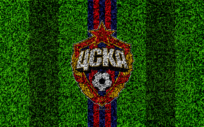 Il PFC CSKA Mosca, 4k, logo, erba texture, russo football club, blu, rosso, linee, calcio prato inglese, la Premier League russa, Mosca, Russia, calcio