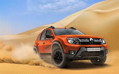 Renault Duster Dakar, 2018, n&#228;kym&#228; edest&#228;, ulkoa, uusi oranssi Duster, tuning, desert, hiekka, crossover, Ranskalaiset autot, Renault
