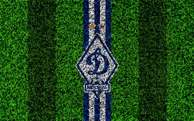 FC Dynamo Moscow, 4k, logo, grass texture, Russian football club, blue white lines, football lawn, Russian Premier League, Moscow, Russia, football