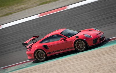 Porsche 911 GT3 RS, 2018, 4k, urheilu coupe, kilpa-auto, punainen 911, kilparadalla, nopeus, Saksan urheilu autoja, Porsche