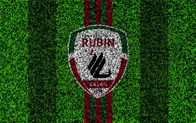 FC Rubin Kazan, 4k, logo, grass texture, Russian football club, purple green lines, football lawn, Russian Premier League, Kazan, Russia, football