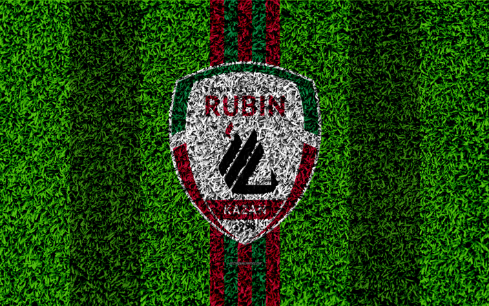 El FC Rubin Kazan, 4k, el logotipo, el c&#233;sped de textura, ruso, club de f&#250;tbol, p&#250;rpura verde l&#237;neas de f&#250;tbol de c&#233;sped, Russian Premier League, en Kaz&#225;n, Rusia, f&#250;tbol
