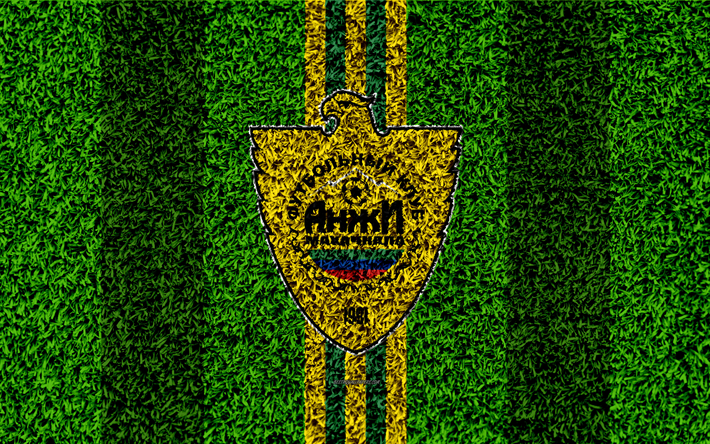 FC Anzhi Makhachkala, 4k, logo, &#231;im doku, Rus Futbol Kul&#252;b&#252;, sarı yeşil &#231;izgiler, futbol &#231;im, Rusya Premier Ligi, Makhachkala, Rusya, futbol