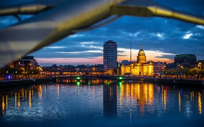 Dublin, capital, noite, rio Liffey, Irlanda, p&#244;r do sol