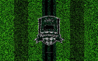 FC Krasnodar, 4k, logo, grass texture, Russian football club, black green lines, football lawn, Russian Premier League, Krasnodar, Russia, football