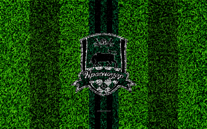 FC Krasnodar, 4k, logo, erba texture, russo football club, nero (linee verdi), calcio prato inglese, la Premier League russa, Krasnodar, Russia, calcio