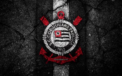 4k, Corinthians FC, logo, Brazilian Seria A, soocer, black stone, Brazil, Corinthians, football club, asphalt texture, FC Corinthians