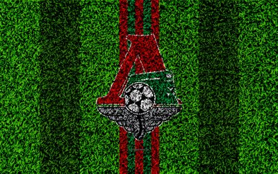 FC Lokomotiv Moscou, 4k, le logo, la texture d&#39;herbe, russe, club de football, rouge, vert lignes de, football de la pelouse, Champion de Russie en 2018, la premi&#232;re Ligue russe, Moscou, Russie, le football