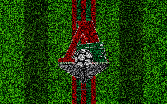 FC Lokomotiv Moscow, 4k, logo, grass texture, Russian football club, red green lines, football lawn, Champion of Russia 2018, Russian Premier League, Moscow, Russia, football
