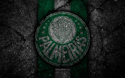 4k, Palmeiras FC, logo, Brazilian Seria A, soocer, black stone, Brazil, Palmeiras, football club, asphalt texture, FC Palmeiras