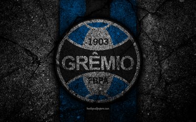 4k, Gremio FC, logotyp, Brasiliansk Seria A, soocer, svart sten, Brasilien, Gremio, football club, asfalt konsistens, FC Gremio