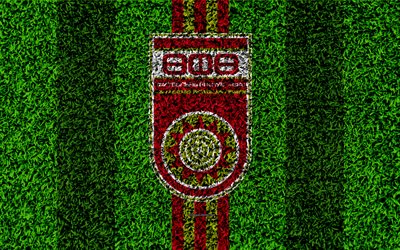 FC Ufa, 4k, el logotipo, el c&#233;sped de textura, ruso, club de f&#250;tbol, p&#250;rpura verde l&#237;neas de f&#250;tbol de c&#233;sped, Russian Premier League, Ufa, Rusia, f&#250;tbol