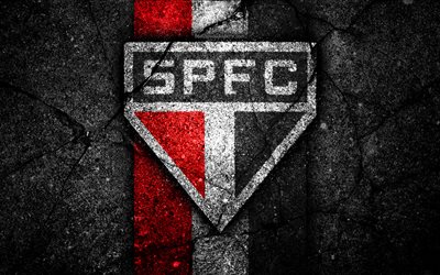 4k, Sao Paulo FC, logotyp, Brasiliansk Seria A, soocer, svart sten, Brasilien, Sao Paulo, football club, asfalt konsistens, FC Sao Paulo
