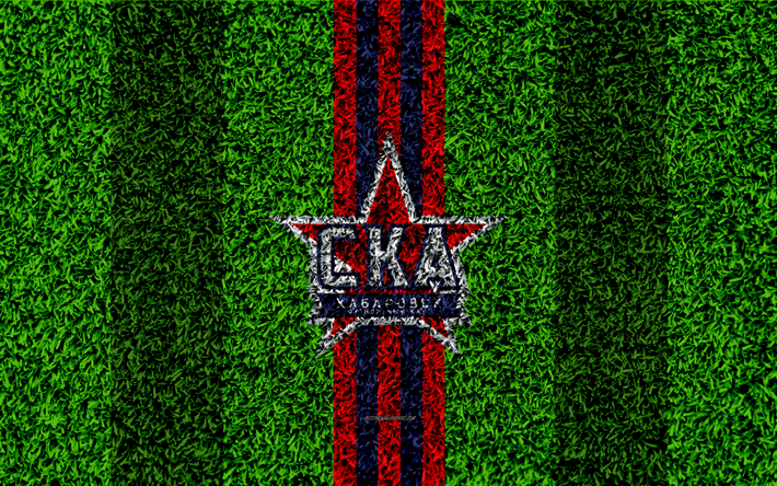 SKA Khabarovsk FC, 4k, logo, grass texture, Russian football club, maroon blue lines, football lawn, Russian Premier League, Khabarovsk, Russia, football