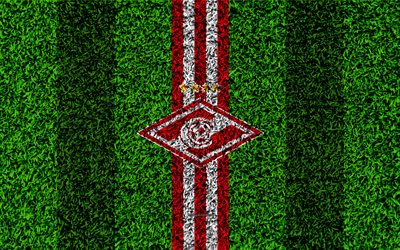 FC Spartak Moscou, 4k, logo, grama textura, Russo futebol clube, vermelho branco linhas, futebol gramado, Russian Premier League, Moscovo, R&#250;ssia, futebol
