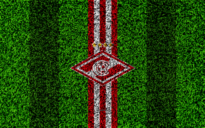 FC Spartak Moscow, 4k, logo, grass texture, Russian football club, red white lines, football lawn, Russian Premier League, Moscow, Russia, football