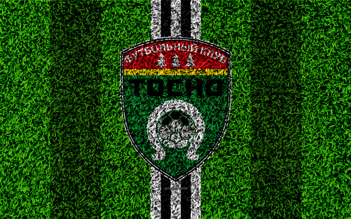 FC Tosno, 4k, logo, grass texture, Russian football club, black and white lines, football lawn, Russian Premier League, Tosno, Russia, St Petersburg, football