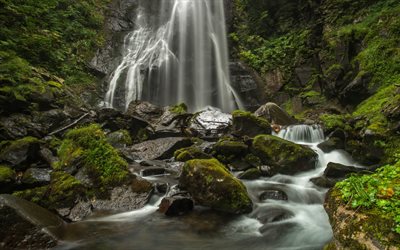 beautiful waterfall, rock, rain forest, mountain stream, moss, jungle