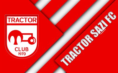 Traktorin Sazi FC, 4k, Iranin jalkapalloseura, logo, punainen valkoinen abstraktio, materiaali suunnittelu, tunnus, Persian Gulf Pro League, Tabriz, Iran, jalkapallo