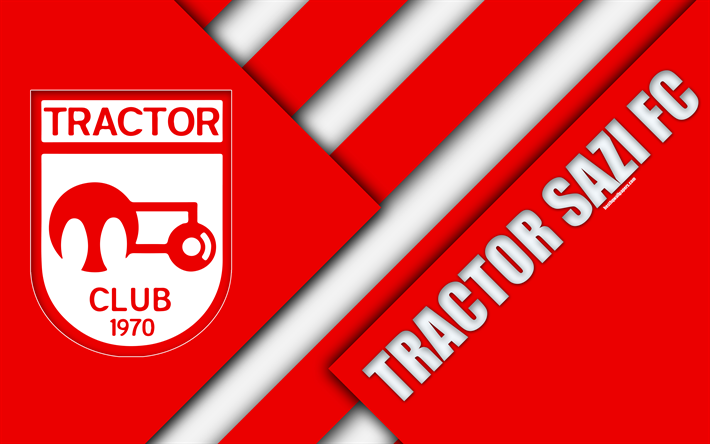 Traktorin Sazi FC, 4k, Iranin jalkapalloseura, logo, punainen valkoinen abstraktio, materiaali suunnittelu, tunnus, Persian Gulf Pro League, Tabriz, Iran, jalkapallo