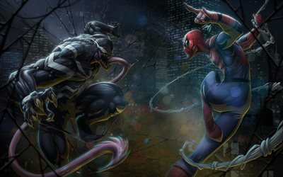Venom vs Spiderman, 4k, 3D sanat, s&#252;per kahramanlar, karanlık, DC Comics, Spiderman, Venom, &#214;r&#252;mcek-Adam