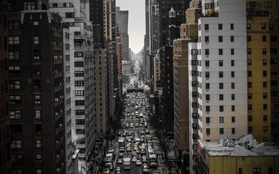 New York, street, metropolis, yellow taxi, cars, skyscrapers, USA, cityscape