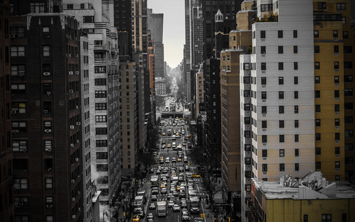 New York, street, metropoli, keltainen taksi, autot, pilvenpiirt&#228;ji&#228;, USA, kaupunkikuva