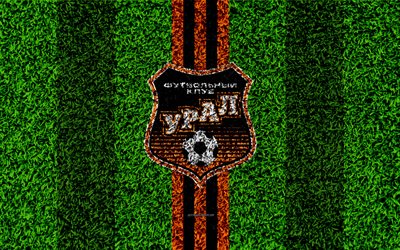 FC Ural Yekaterinburg, 4k, logo, grass texture, Russian football club, black orange lines, football lawn, Russian Premier League, Yekaterinburg, Russia, football