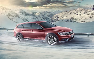 Vokswagen Passat Alltrack, 2018, vermelho combi, exterior, vista frontal, vermelho novo Passat Alltrack, snow ride, coberto de neve estrada, Volkswagen