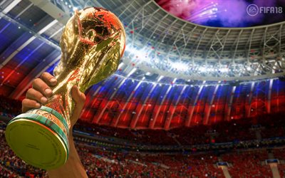 FIFA18, 4k, cup, Rusia 2018, Copa Mundial de la FIFA 2018, el trofeo, el f&#250;tbol, la FIFA, la FIFA 18, simulador de f&#250;tbol, la Copa Mundial de F&#250;tbol