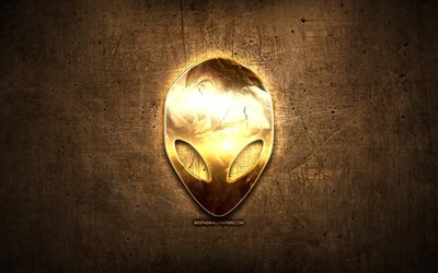 Alienware golden logo, artwork, brown metal background, creative, Alienware logo, brands, Alienware