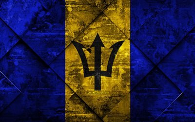 Barbados bayrağı, 4k, grunge tarzı, grunge doku, Barbados Barbados bayrağı, Kuzey Amerika, ulusal sembol, yaratıcı sanat rhombus