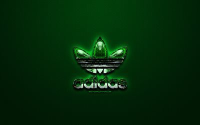 Adidas green logo, sports brands, green vintage background, artwork, Adidas, brands, Adidas glass logo, creative, Adidas logo