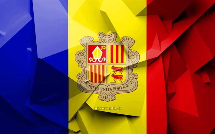 4k, Flag of Andorra, geometric art, European countries, Andorran flag, creative, Andorra, Europe, Andorra 3D flag, national symbols