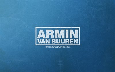 Armin van Buuren, logotipo, azul retro de fondo, arte creativo, tiza blanca logotipo, holand&#233;s DJ