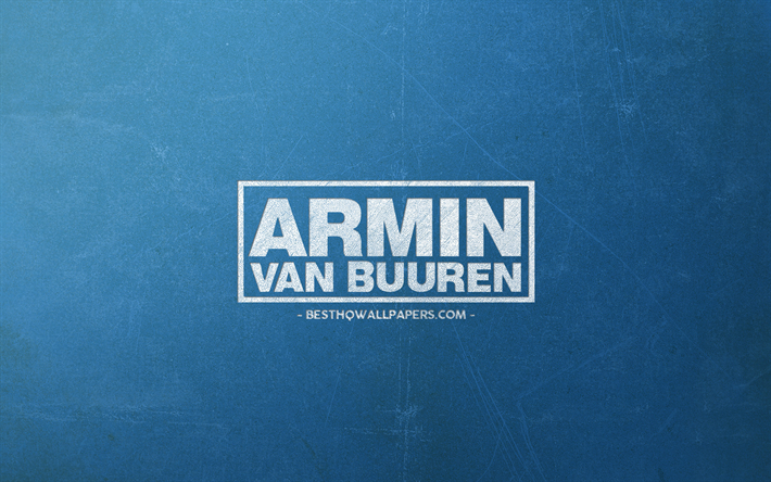 Armin van Buuren, logo, bleu r&#233;tro arri&#232;re-plan, art cr&#233;atif, de craie blanche logo, DJ hollandais