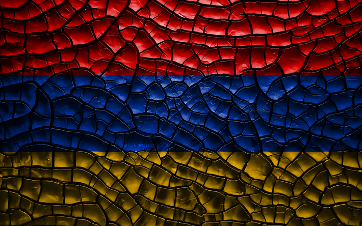 フラグアルメニア, 4k, ひび割れの土, アジア, アルメニアの国旗, 3Dアート, アルメニア, アジア諸国, 国立記号, アルメニア3Dフラグ