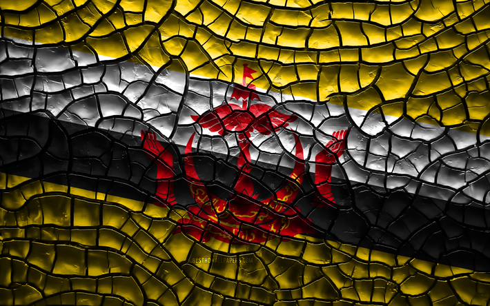Flagga av Brunei, 4k, sprucken jord, Asien, Brunei flagga, 3D-konst, Brunei, Asiatiska l&#228;nder, nationella symboler, Brunei 3D-flagga