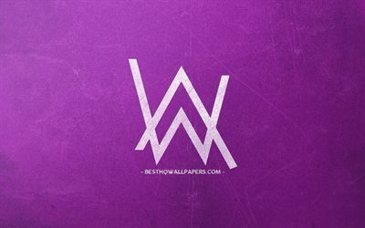 Alan Walker, logo, roxo retro fundo, giz branco logo, Noruegu&#234;s DJ, emblema, Alan Walker logotipo