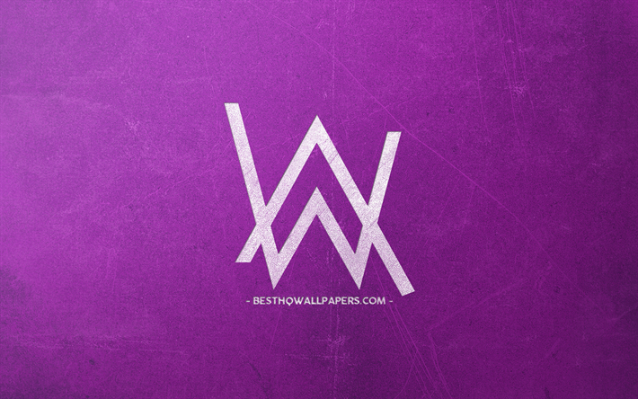 Alan Walker, logotyp, lila retro bakgrund, vit krita logotyp, Norska DJ, emblem, Alan Walker logotyp